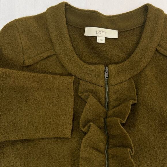Wool Ruffle Cardigan Petites Small Olive Zipper LOFT Sweater Jacket - Picture 3 of 16